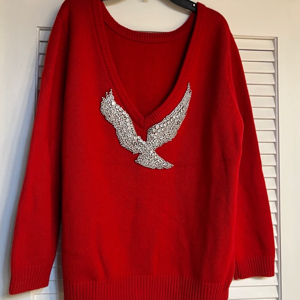 ba&sh Opium Deep V-back Crystal Bird Motif Red Sweater Cashmere Wool SZ Small